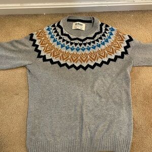 Urban Pipeline Gray Crewneck Sweater with Blue and Brown Fair Isle Pattern